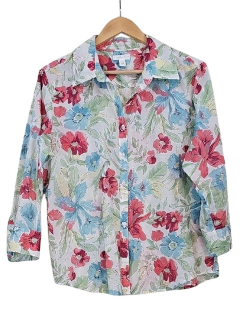 Floral Watercolor Cotton Button-Down Shirt Sz 16 3/4 Sleeve Cottagecore Coastal